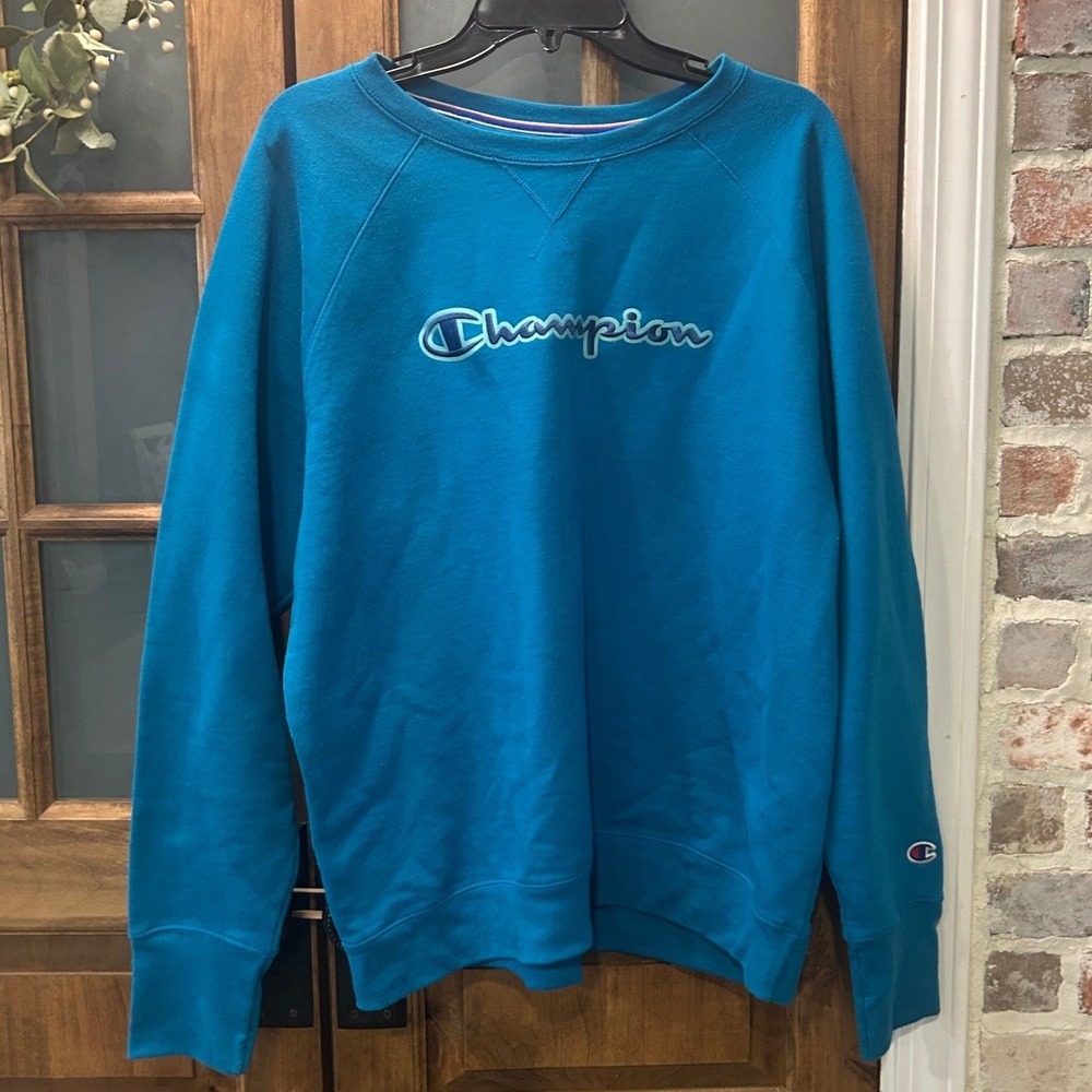Champion Blue Crewneck Sweatshirt Raglan Sleeve Graphic Logo Activewear‎ 2XL